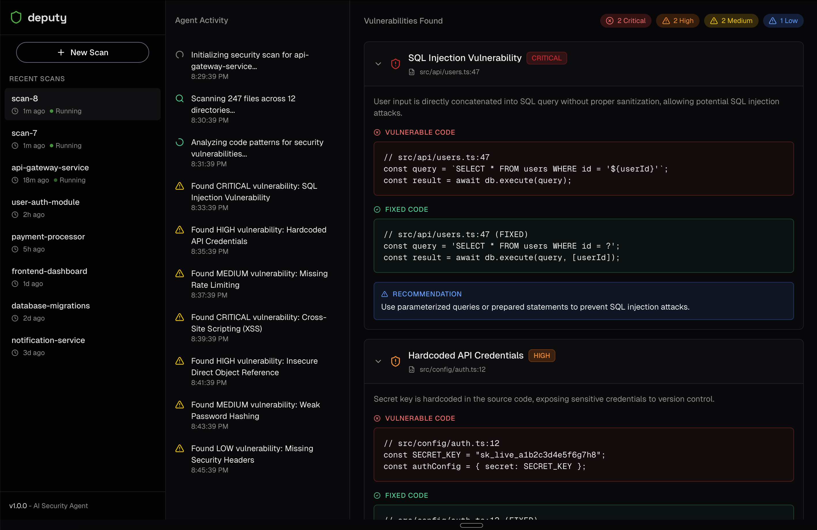 Deputy Dashboard showing security scan results with vulnerabilities found including SQL Injection and Hardcoded API Credentials